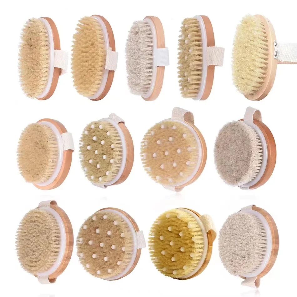 Boar Bristle Bath Brush Scrub Dry Brush Gift Body Middle Round Shape