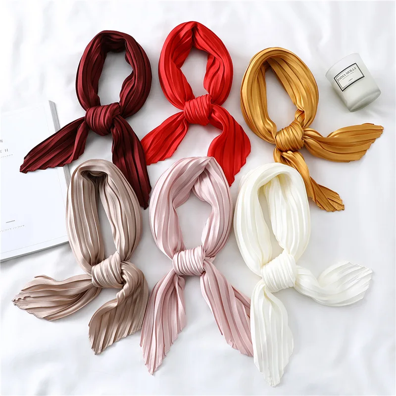 Pleated Mini Square Scarf Bandana Head Neck Wear Silk Satin Print Handkerchief