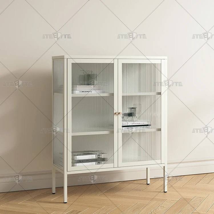 Apartment Display Showcase Storage Cabinet Metal Frame Glass Door Four-storey Display Cabinet with Fluted Glass Door