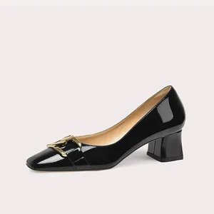 Fashion Square Heel Women Square Toe Pumps Elegant Flat Leather Dress Shoes Black Leather-soled Chunky High Heels for Ladies