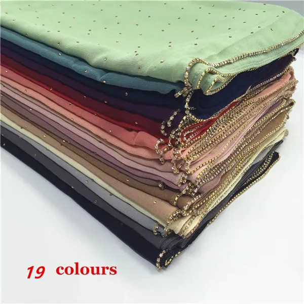 2020 New Popular Chiffon Hijab With Diamonds and Chain Muslim Headscarf Shawl