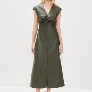 Wisrise Fashion New Wholesale Women's Olive Leather Knot Detail Deep V Sleeveless Maxi Dress