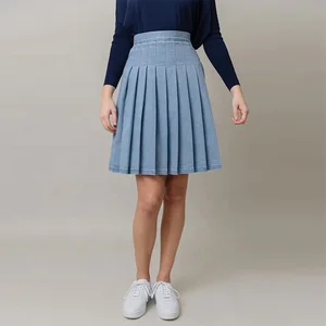 Clothing Manufacturer Custom Spring Autumn Sky Blue High Waist Stretch Elegant Casual Women Denim Pleated Skirt