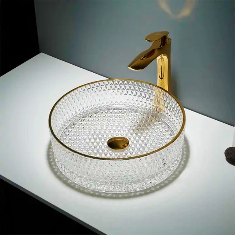 Modern Gold Line Crystal Wash Hand Basin Transparent Tempered Glass Bathroom Sink Counter Mount Installation Ceramic Stone