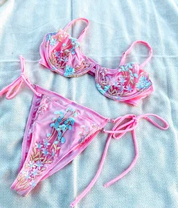 OEM Custom Women Split Solid Color High Waist Thong Swimsuit Lovely Girls Sexy Halter Backless Knitted Bikini