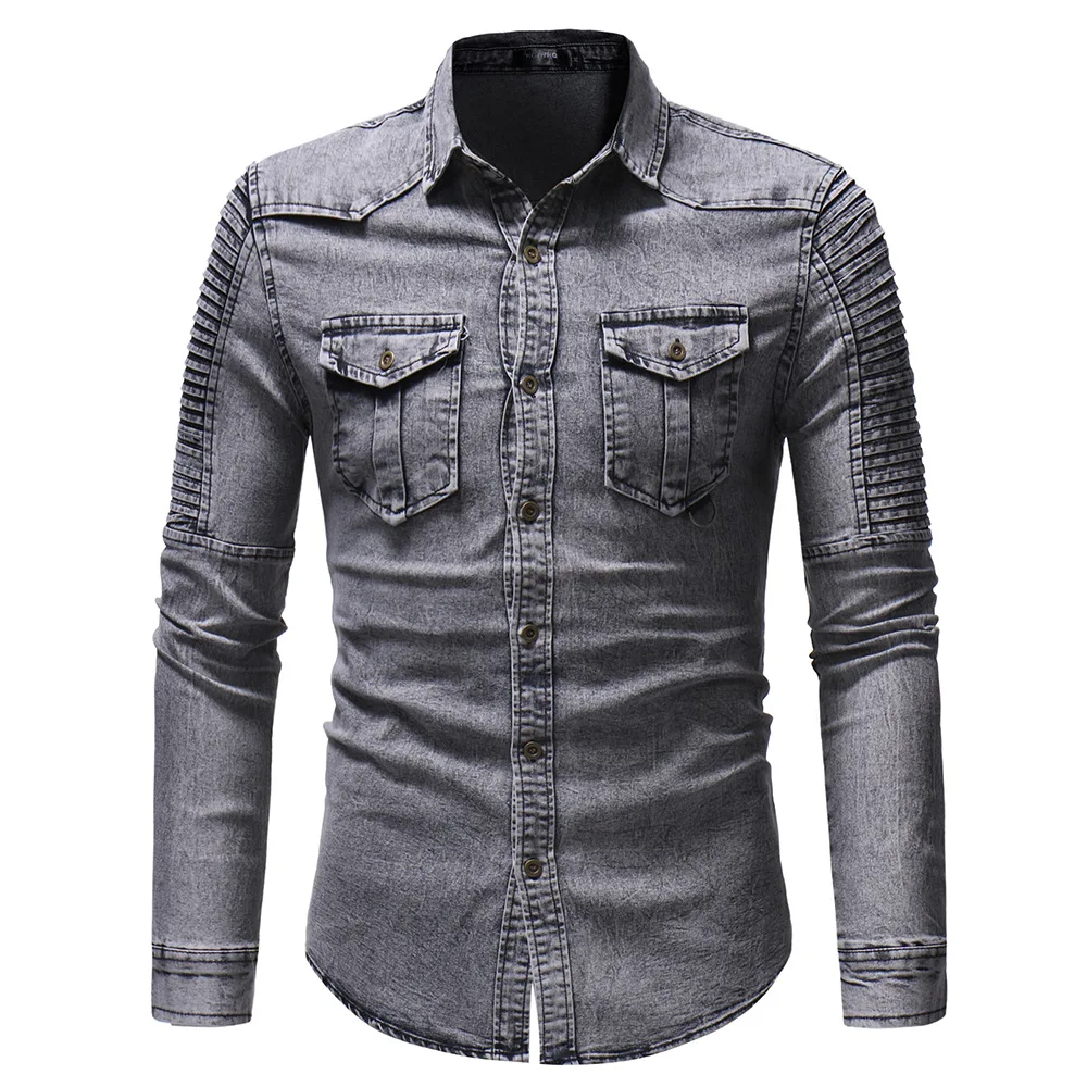 Mens Denim Shirts Western Long Sleeve Button Down Cotton Casual Work Jean Shirt gallery 8