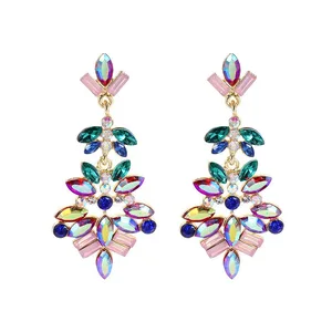 European and American Fashion Luxury Long Gemstone Earrings Retro Personality Women's Earrings Colored Glass Earrings Wholesale