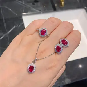 Vintage Red Corundum & Stainless Steel Jewelry Sets Fashionable Gemstone Necklace Earrings & Pendant for Engagement & Gift
