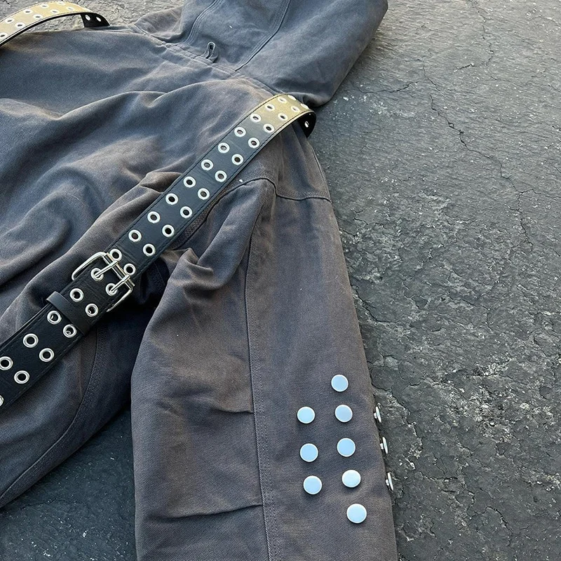Customized Heavy Fabric Unisex Oversize Acid Washing Effect Button Belt Trim Terry Vintage Casual Hoodie gallery 3