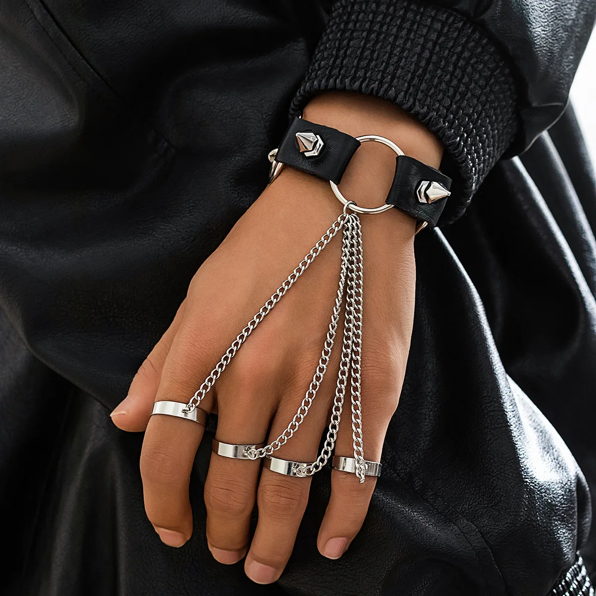Punk Silver Hand Chain Bracelet For Men - Gothic Finger Ring & Wrist Cuff Bracelet - View #6