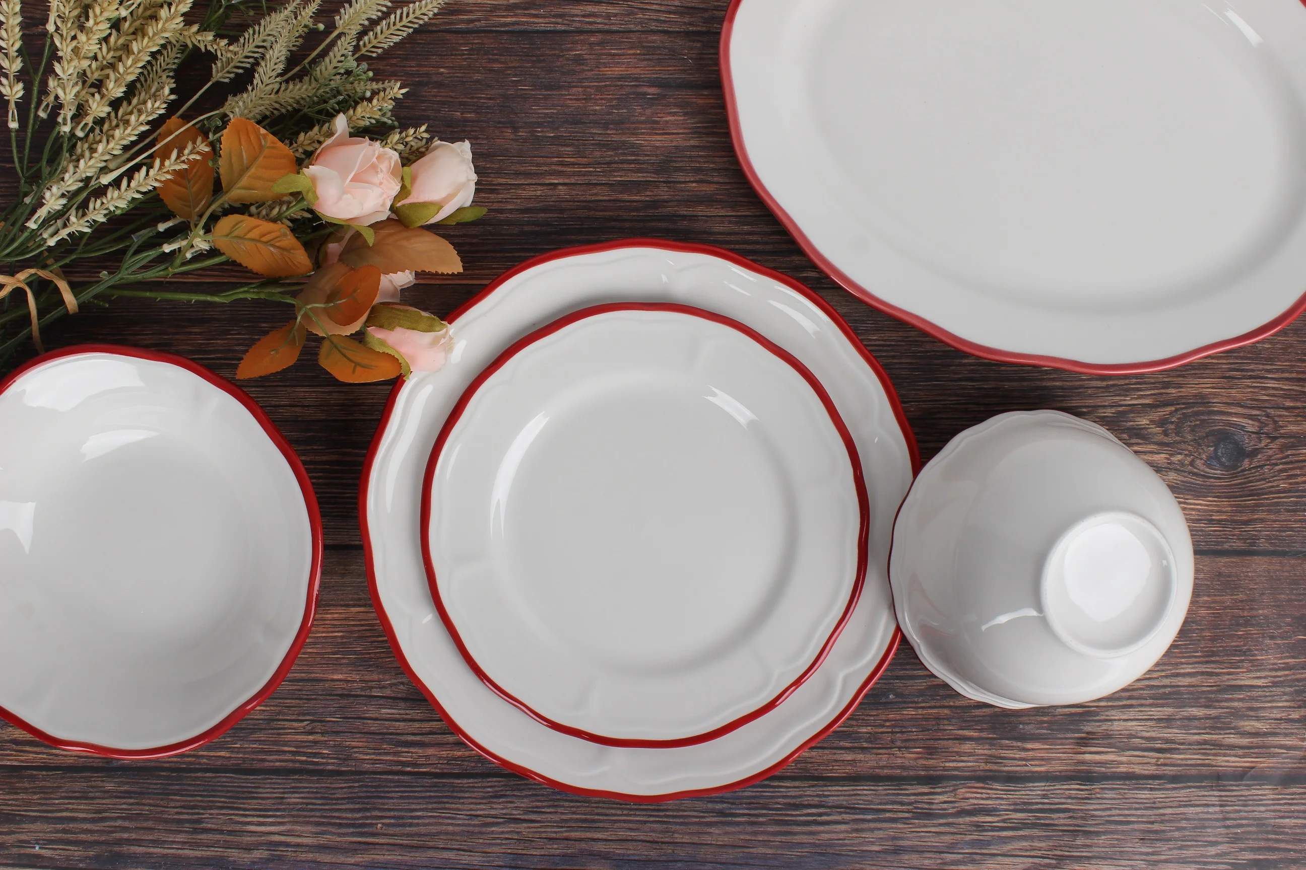 Ceramic Embossed Dinner Ware with Red Rim Royal Plates