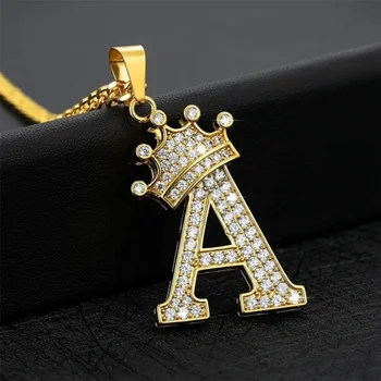 Hip Hop Women Men Jewelry Brass 18K Gold Plated Micron Plated Cubic Zirconia Crown 26 Letter Pendant Necklace
