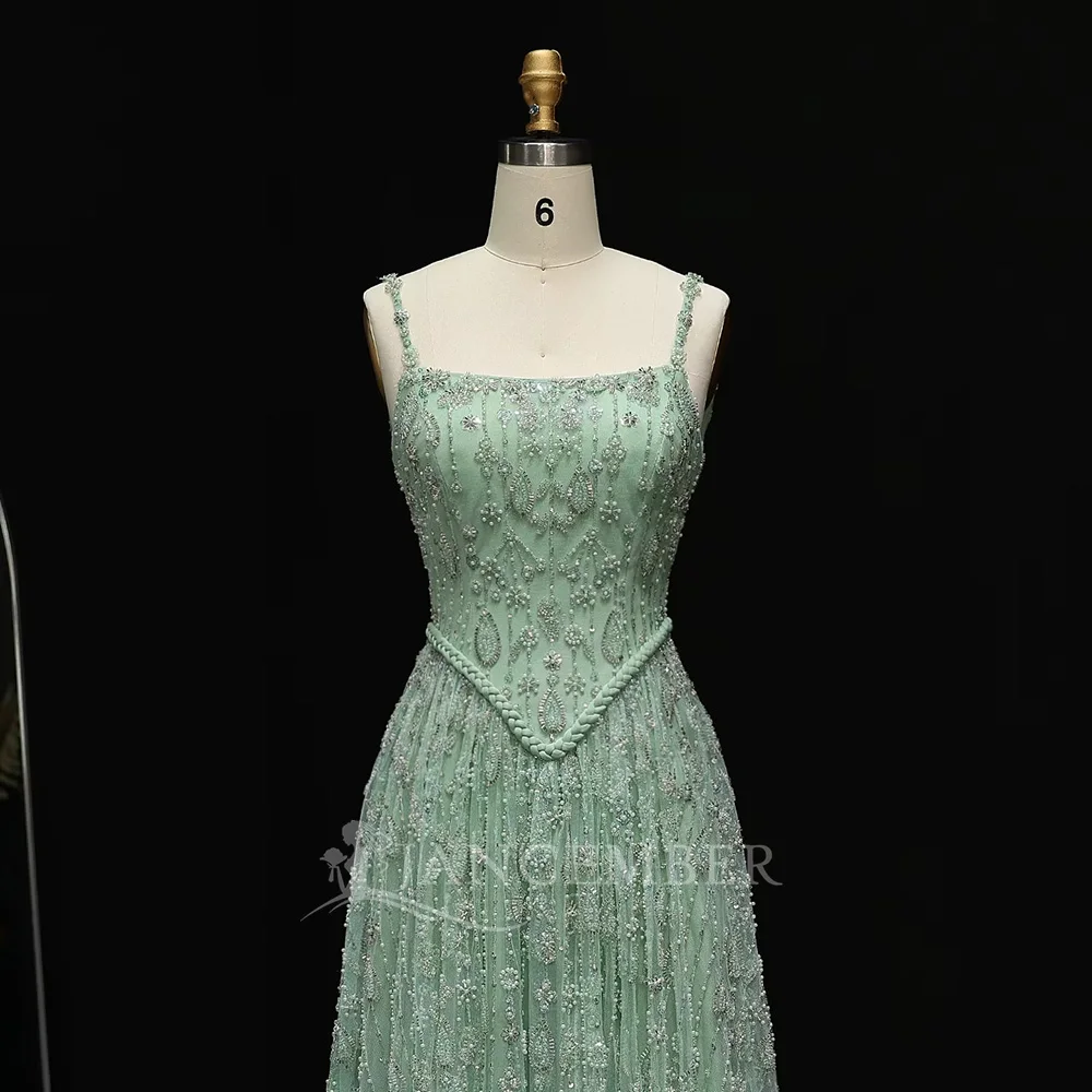 Luxury Sage Green Beaded Spaghetti Strap Dress - Elegant Evening Gown for  Wedding Party, Floor-Length with Satin Finish