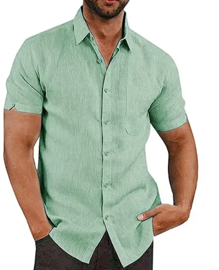 Summer Popular Selling Male Turn-Down Collar Button Down Shirts Casual Short Sleeve Cotton and Linen Shirts