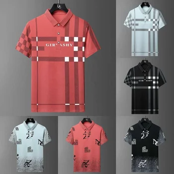 Summer New Men's Solid Color Lapel Golf Polo Shirts Print Fashion Short Sleeve T-shirts