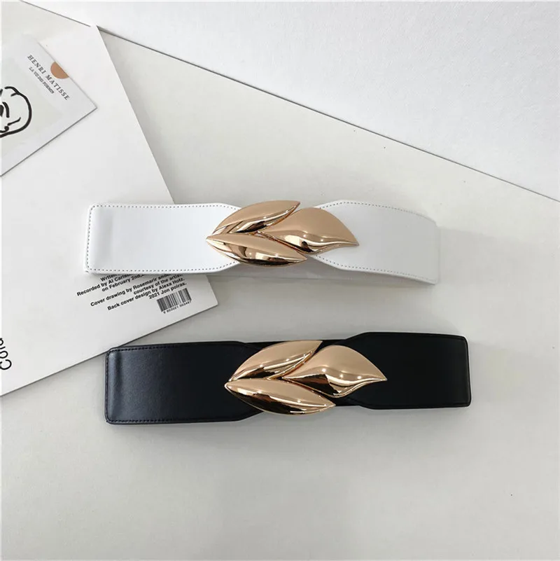 Ins стиль Золотой из трех частей с пряжкой в форме листа черный белый кожаный эластичный корсет тонкие ремни