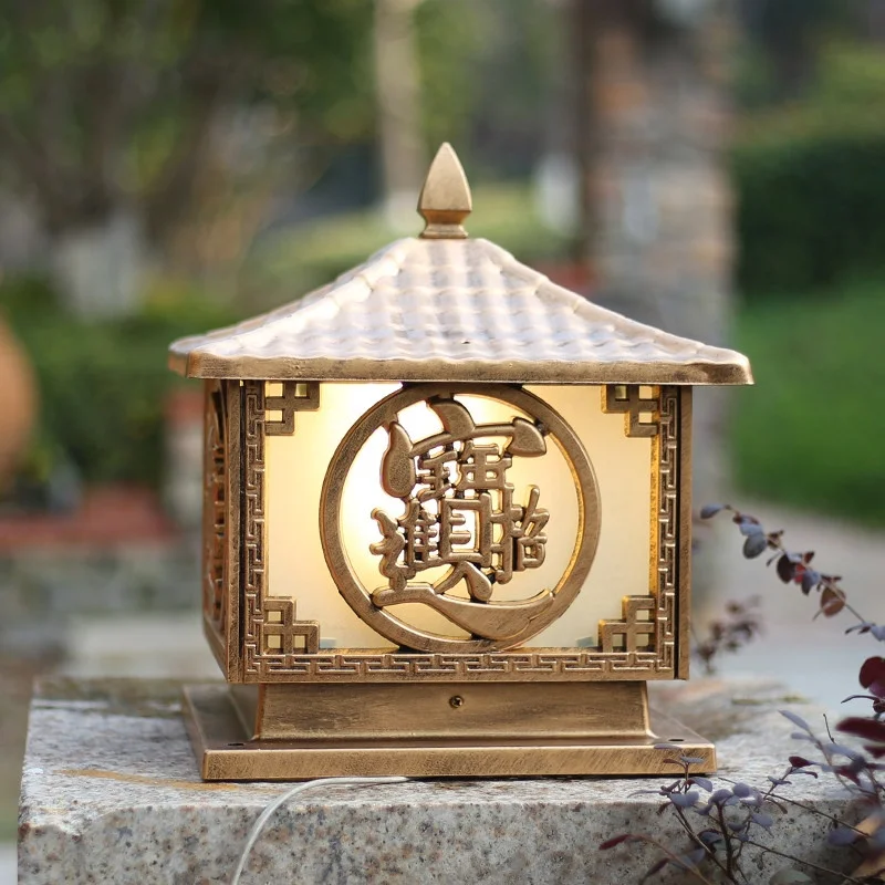 Solar Powered Outdoor Pillar Light Chinese Style Retro Waterproof LED Post Lamp for Courtyard Villa Gate