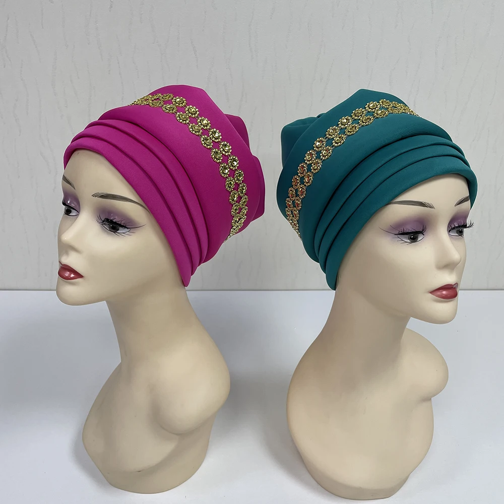 High Quality Turban Caps Muslim Indian Head Wrap Rhinestone Ladies Party Cap Bandana Head Turban 8164