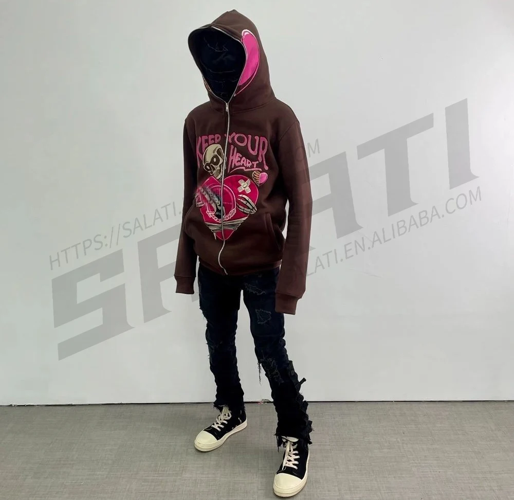 Custom Chenille Embroidery Men Hoodie Oversized Heavyweight Zipper French Terry Embroidered Cotton Print Full Face Zip Hoodie gallery 2