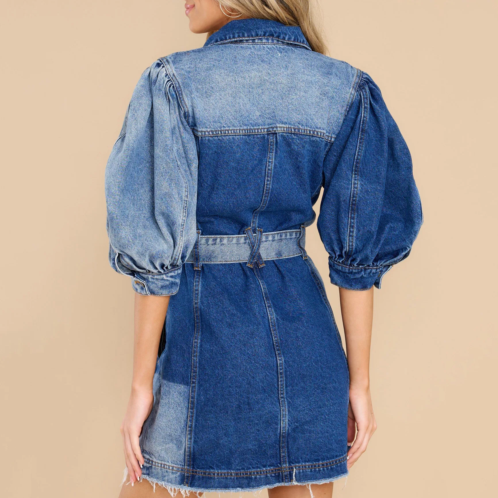 Fun Denim Colorblock Puff Sleeve Mini Dress Ladies Summer Short Sleeve Dress Ladies Denim Shirt Short Skirt Drawstring Pockets
