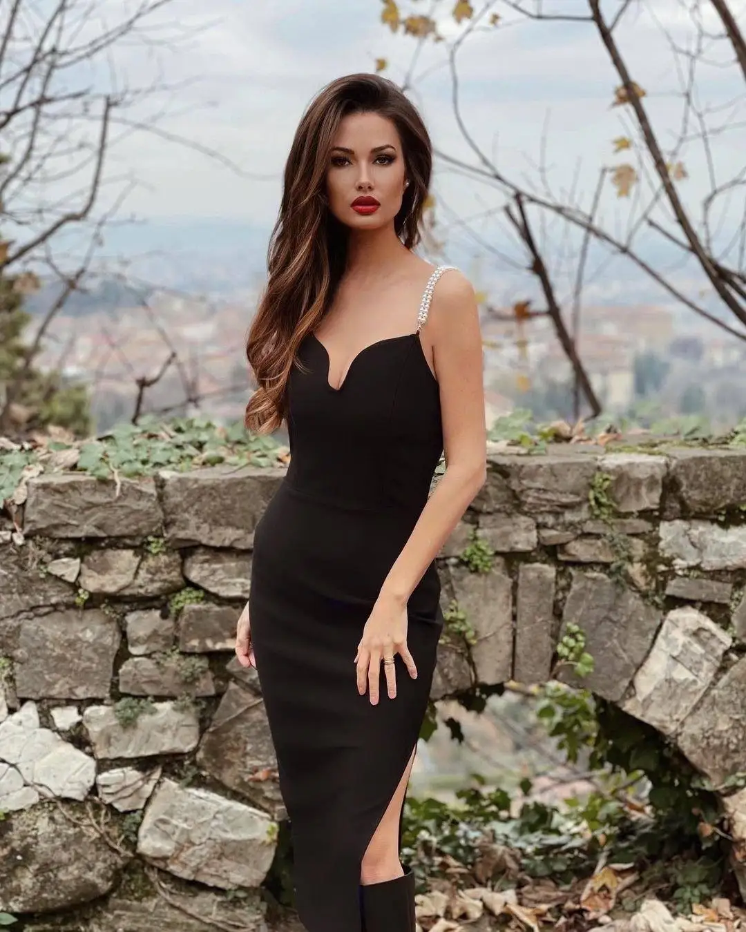 Ocstrade Latest Elegant Pearl Strap Plunge Low Cut Black Backless Side Slit Midi Party Dress Evening Women Casual Dresses