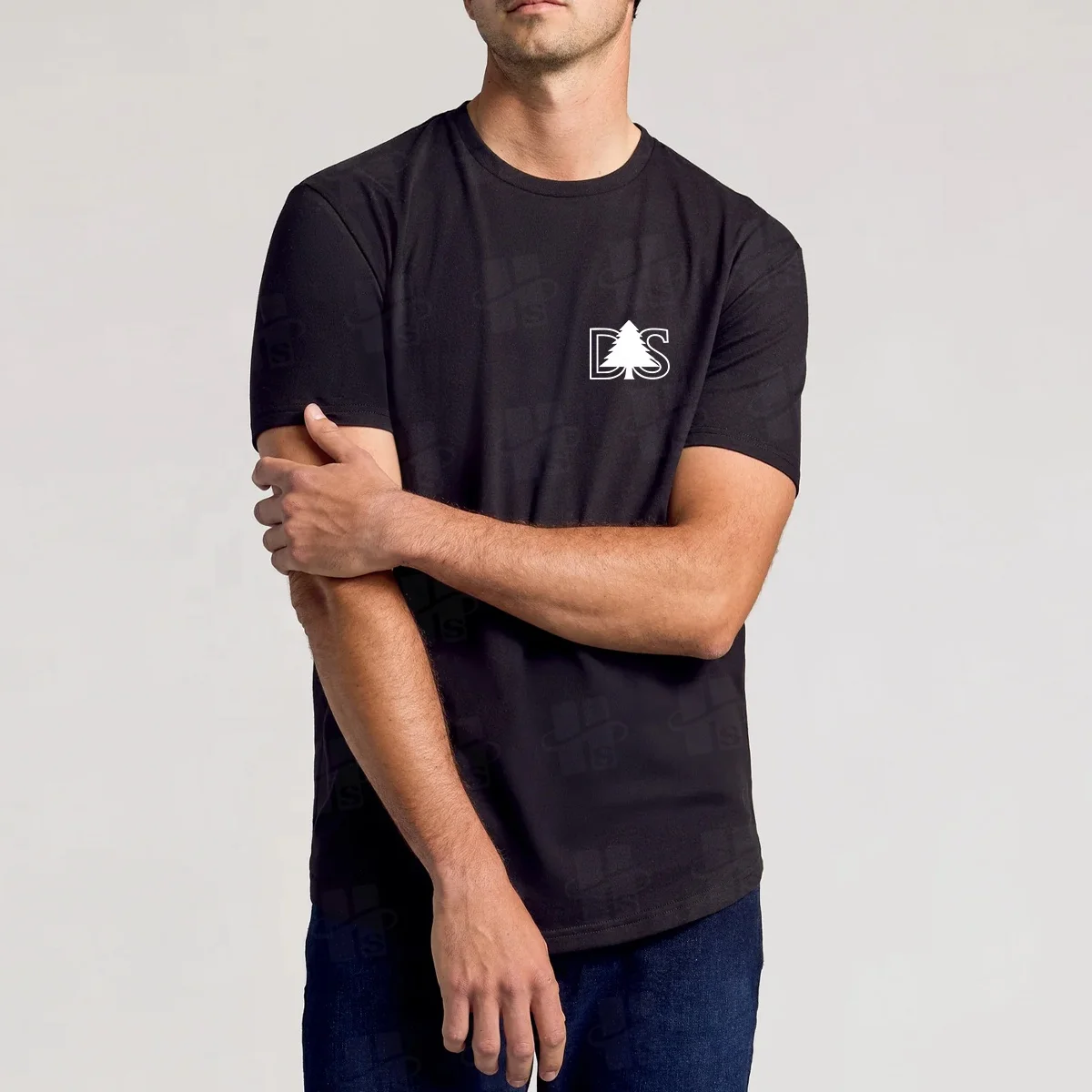 Oem Wholesale 95% Cotton 5% Elastane Tee Longer Curved Hem Round Neck Muscle Fitness Navy Blue Curved Hem T-shirts for Men