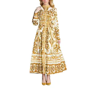 Custom clothing manufacturers Women's Floral Print Long Lantern Sleeve Button Loose Casual Maxi robe femme