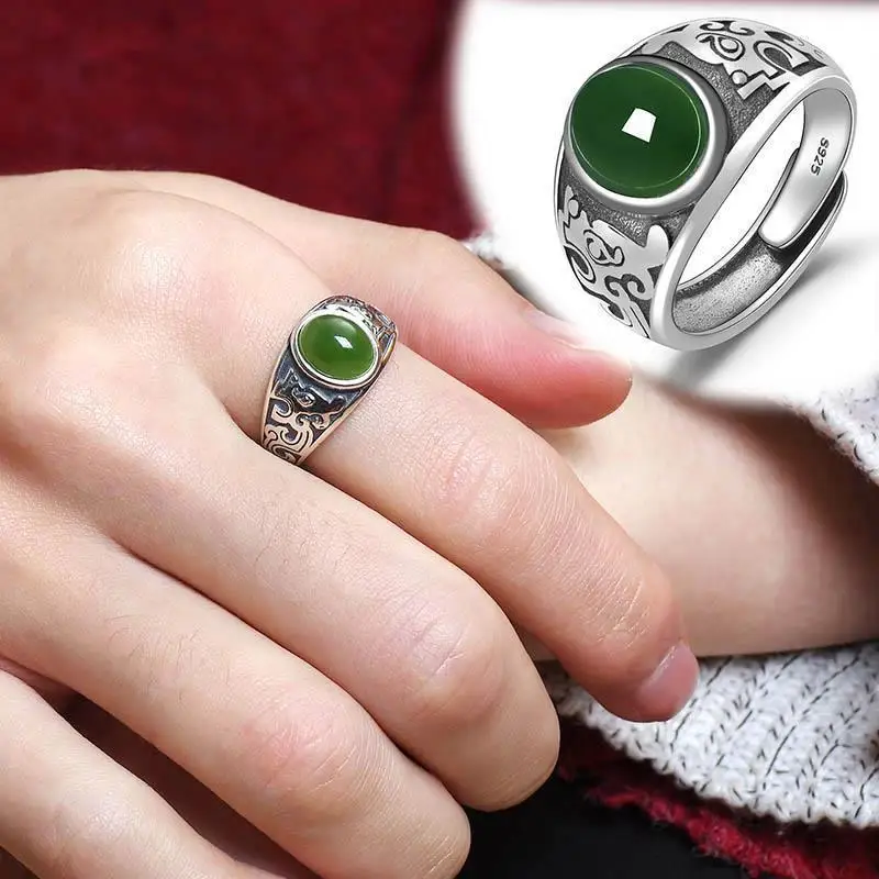 Curved Silver Men's Ring with Green Agate