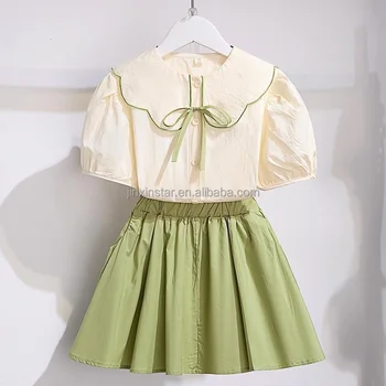 New Girls' Floral Design Dress with Lapel Collar Heart PrintKnee-Length Striped Short Sleeve Trendy Style Children's Set