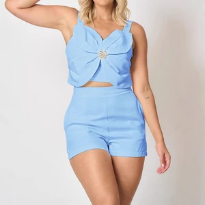 2025 Summer Women's Elegant Casual 2-Piece Set with 3D Floral Wide Shoulder Strap Crop Top and Casual Pocket Design Shorts Set