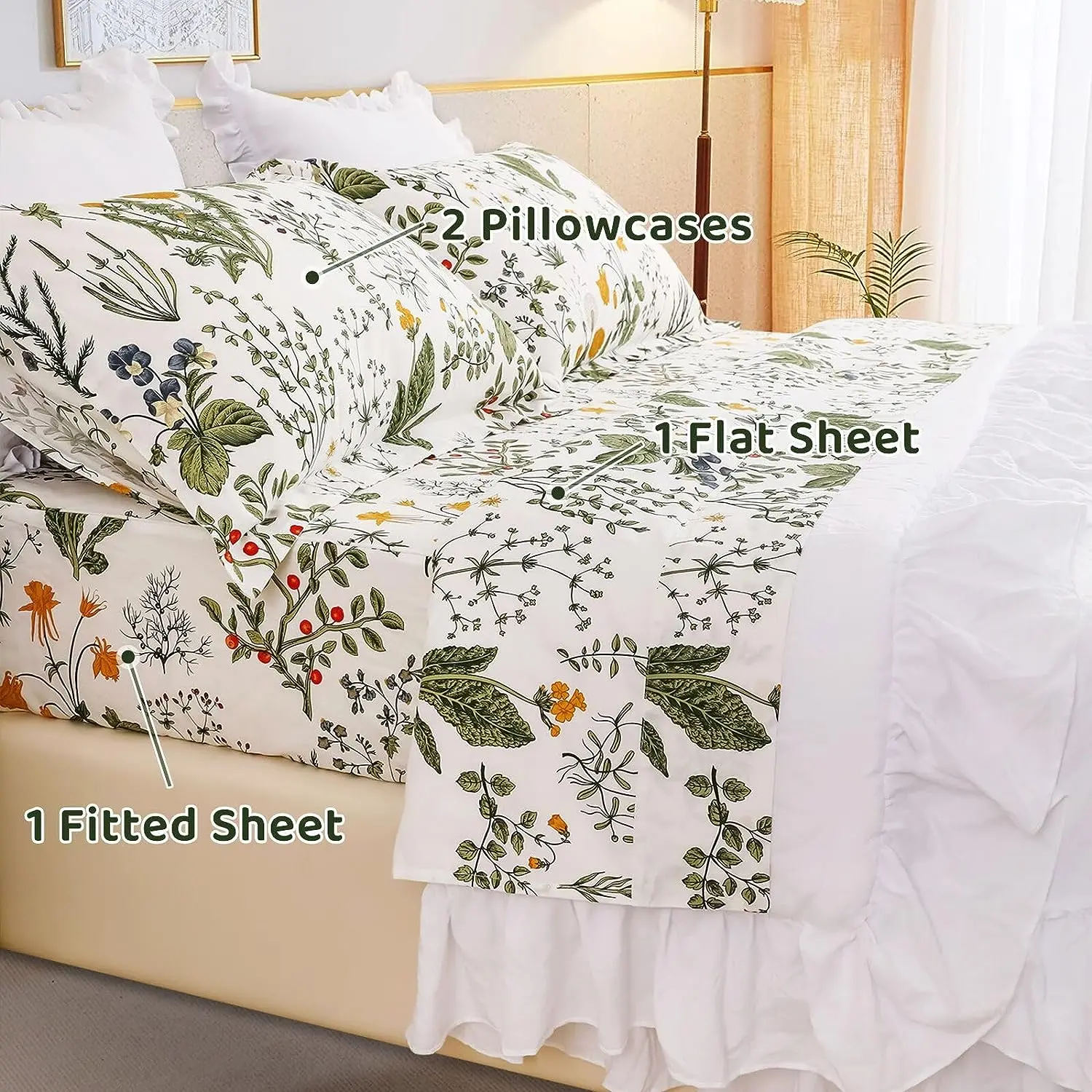 100% Cotton yellow Flowers & Sage Leave Plant Pattern Botanical Luxury Cotton Printed Flower King 4pcs Bedding Sheets manufacture