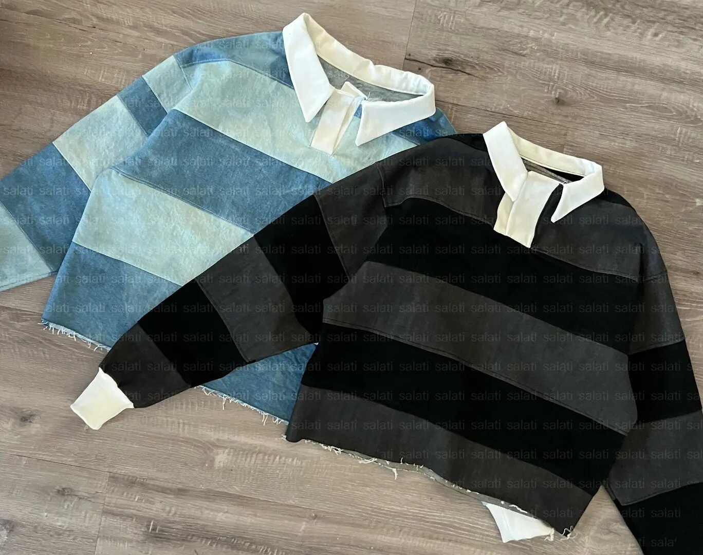 Custom Streetwear Tshirt Plain Heavy Weight Oversized Long Sleeve Striped Faded T-shirt Acid Wash Denim Rugby Polo Shirt for Men