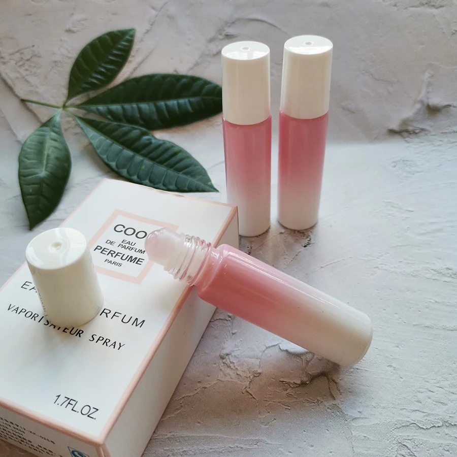 10ml Gradient White-Peach Roll on Glass Bottle with Gem Stone Roller & White Cap Cylinder Essential Oils Perfume Bottles