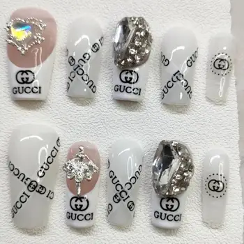 10 PCS Luxury Bling Rhinestones Acrylic Customized False Nail Press on Nail Wholesale Brand Logo Handmade Artificial Fingernails