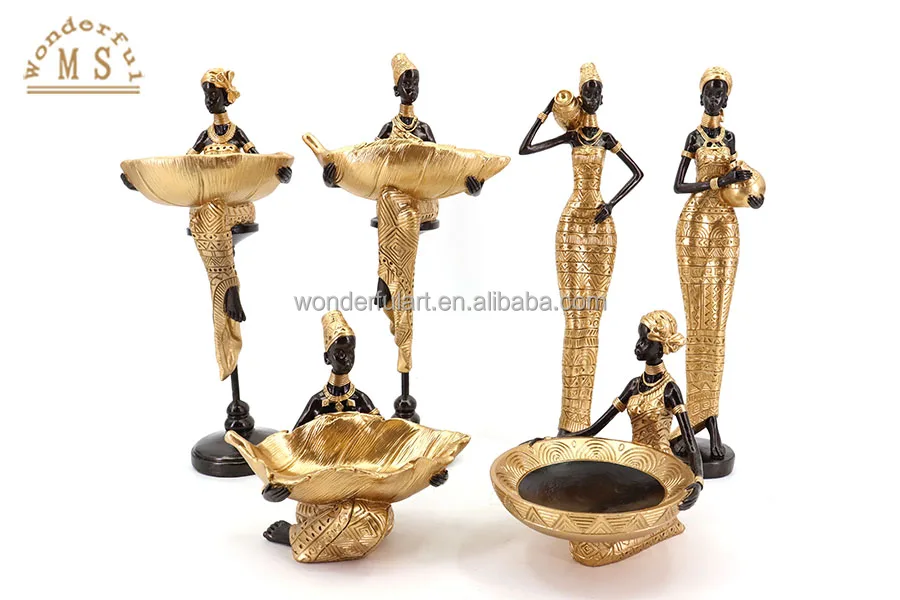 Resin craft black Color African woman statue lady figurine table craft gift candle holder for desktop ornament home decoration
