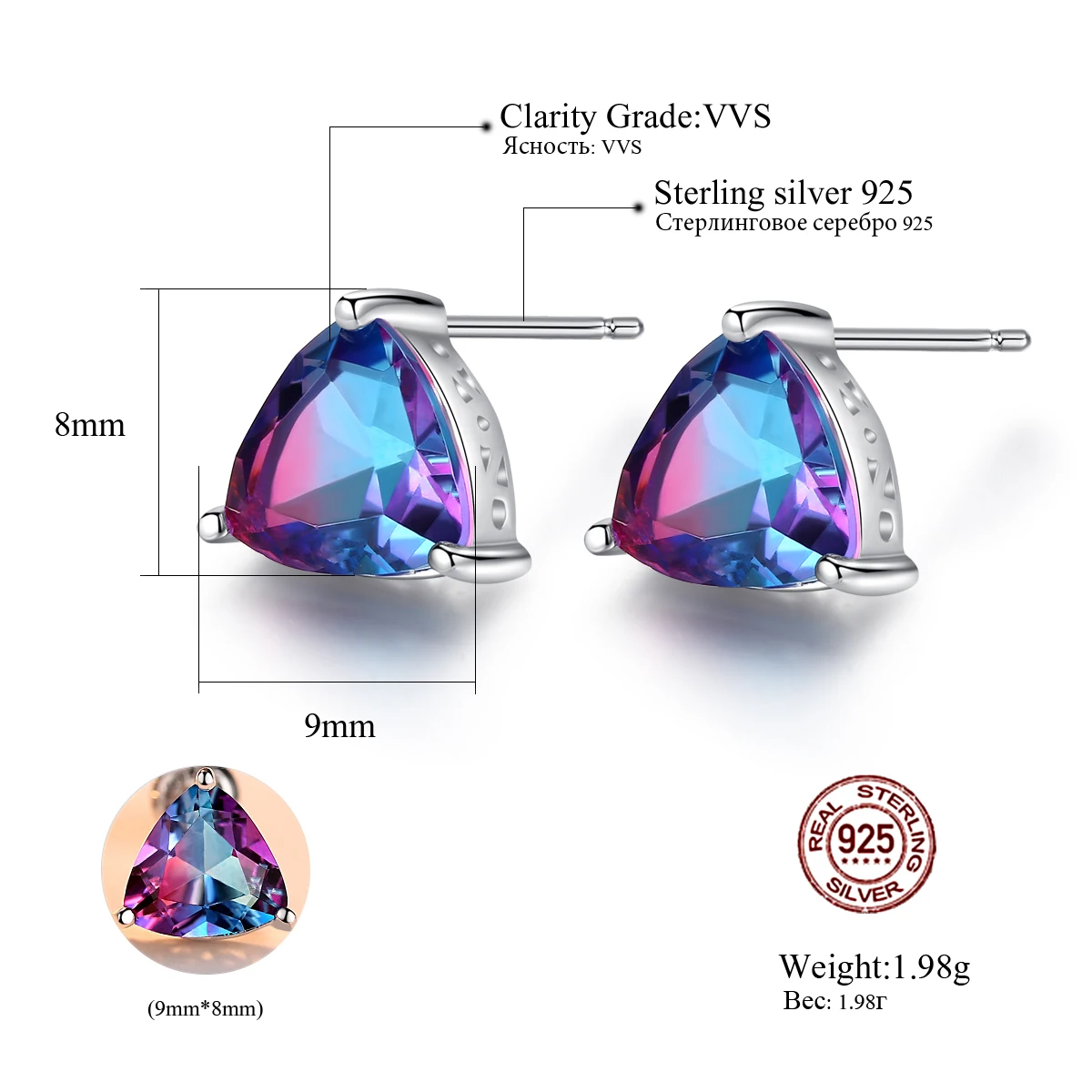 CZCITY Triangle Genuine Rainbow Fire Mystic Topaz Real 925 Sterling Silver Women Stud Earrings