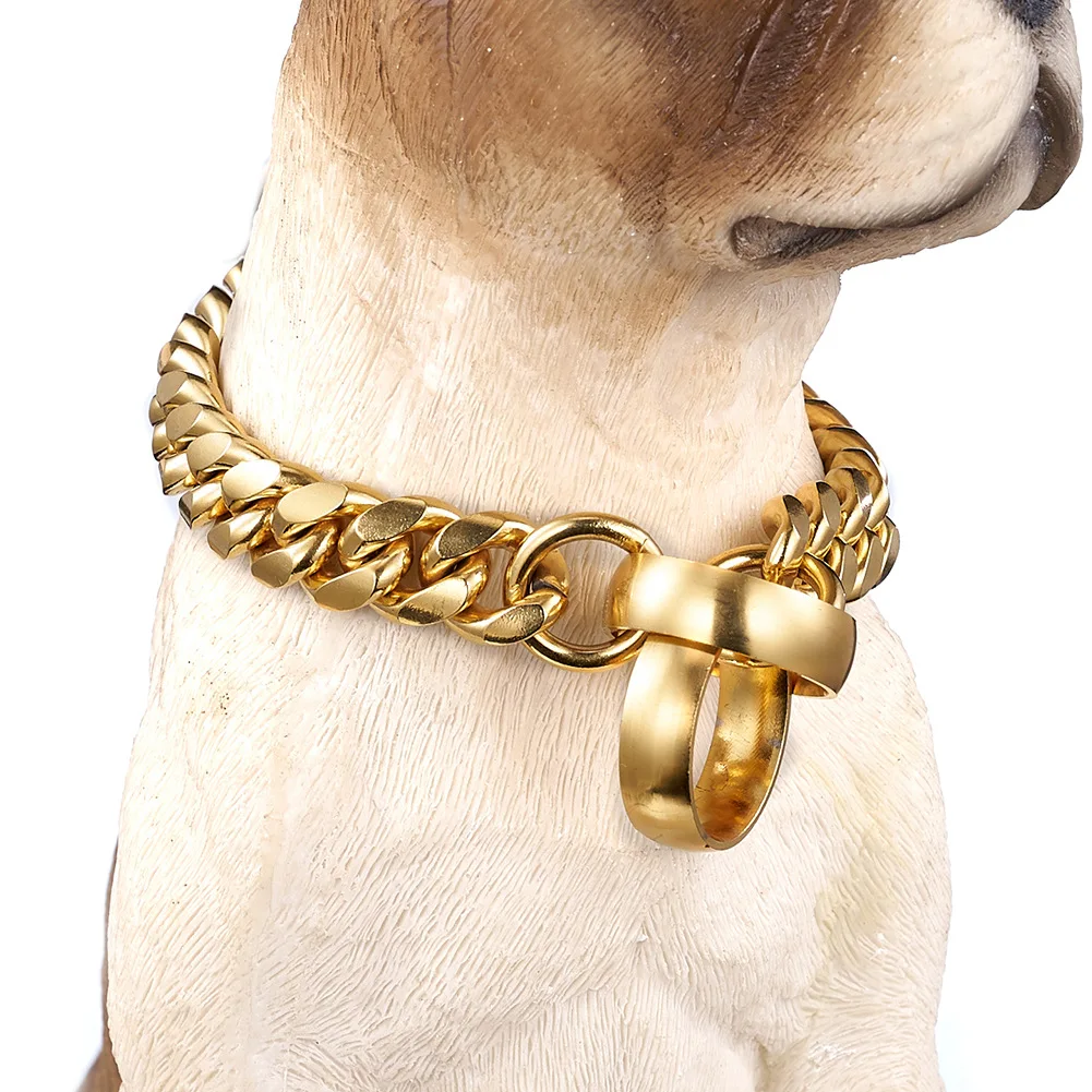 Big Gold Cuban Link Dog Chain Collar And Leash Stainless Steel Dog Gold ...