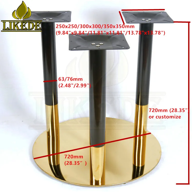 Newest High Quality Shiny Gold Black Big Large Heavy Duty 3 Pillars Columns Stainless Steel Table Base