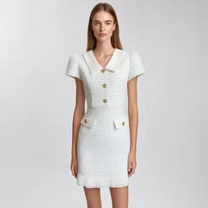 Manufacture Women's Tweed Dress with Short Puff Sleeves and Gold Buttons