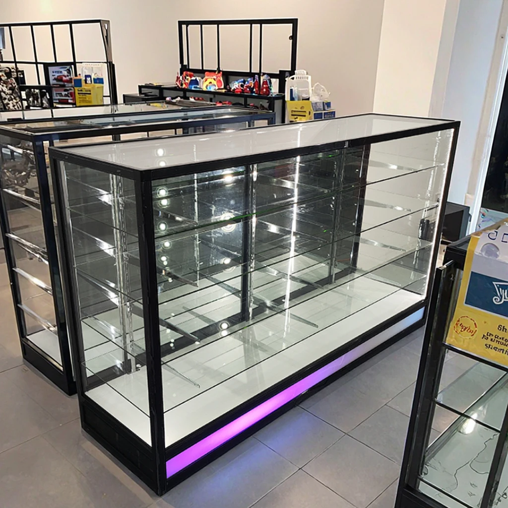 72-Inch RGB Light Sliding Glass Showcase Hot Sell Alloy Frame Display Cabinet with Smoke Mirror for Storefront or Office