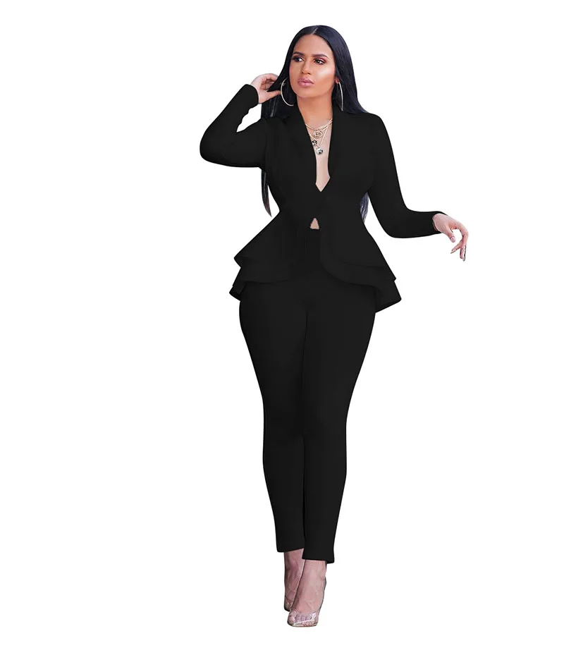 Fall Winter Women Uniform Set Full Sleeve Ruffles Blazers Pencil Pants Suit Two Piece Set Office Lady Outfits