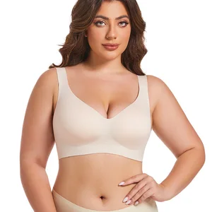Plus Size Deep V Bra with Push-Up Comfortable Thin Section for Big Breasts Soft Support No Wire Seamless Jelly Bra for Women