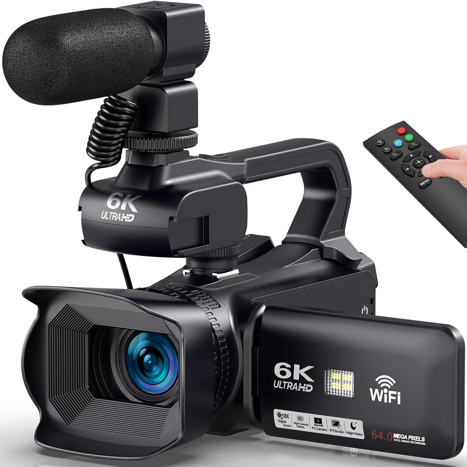 6K Digital Video Camera Camcorder 64MP UHD with Night Vision, WiFi