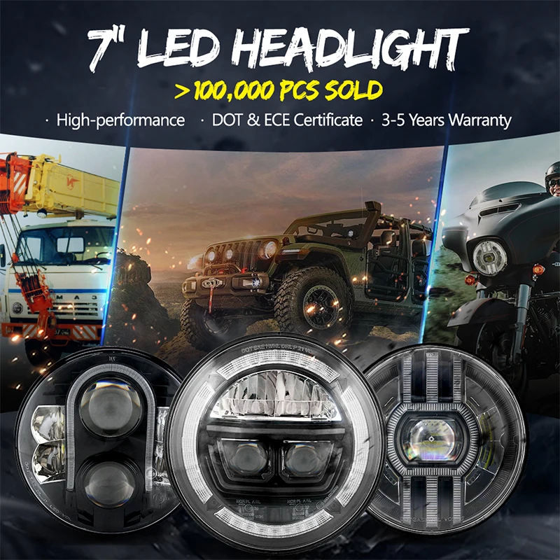 7 Inch Round High Low Beam Led Headlight Motorcycle White Amber Angle Eyes Drl Turn Singal Led Headlights for Jeep Wrangler