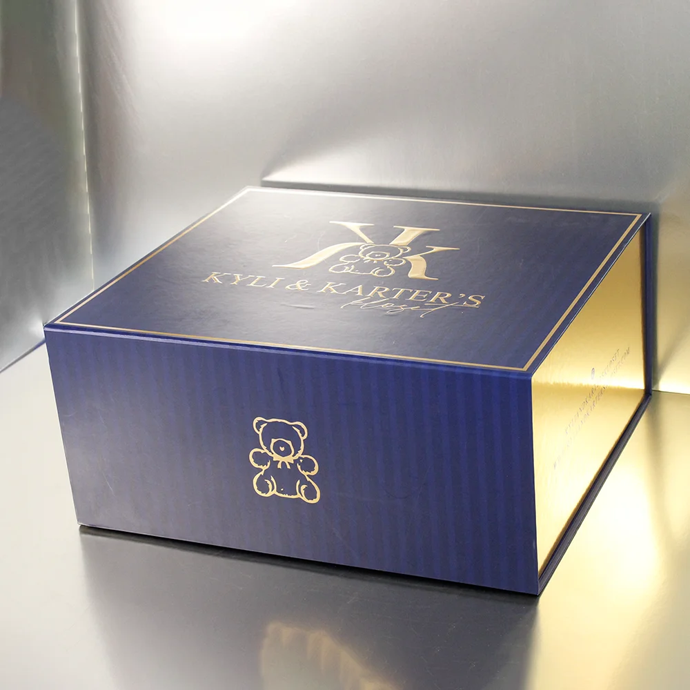 Wholesale Custom Goldem Foil Stamping Large Blue Folding Gift Box Coated Paper for Garment Dress Recycled Materials Socks