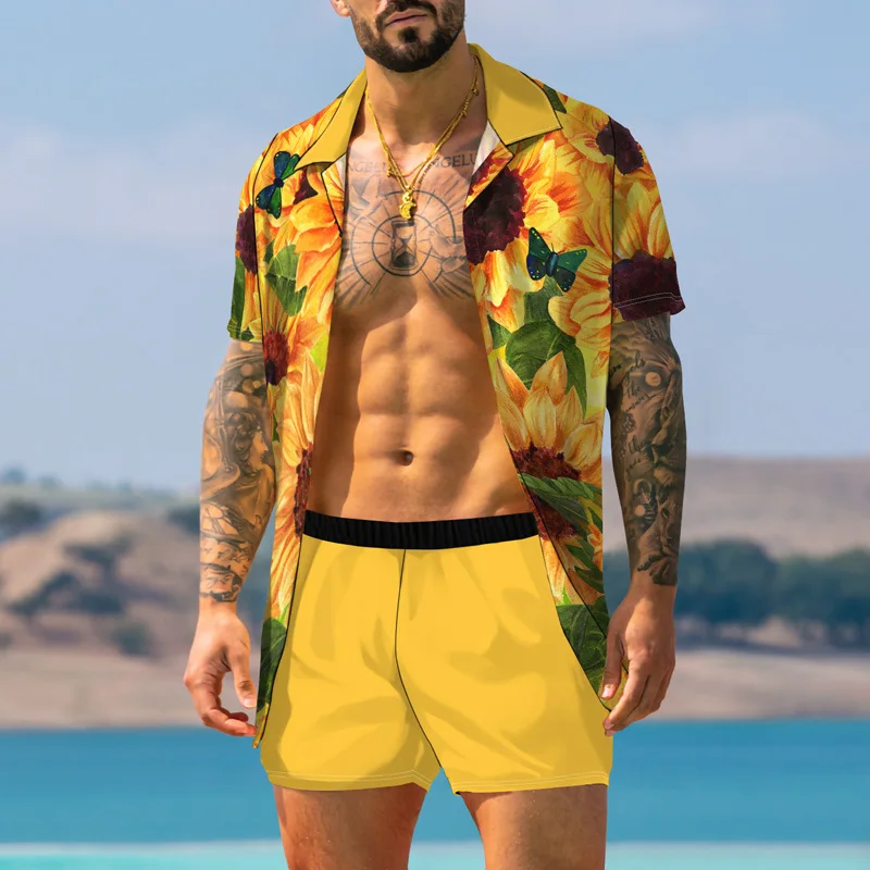 Factory Summer Oem Odm Custom Floral Two Piece Hawaiian Shirt Beach Wear Swim Men Beach Shorts