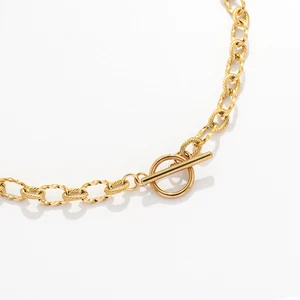 Trendy Unisex Short Chunky Beaded Stainless Steel Link Chain 18K Gold Plated Geometric Pearl Necklace