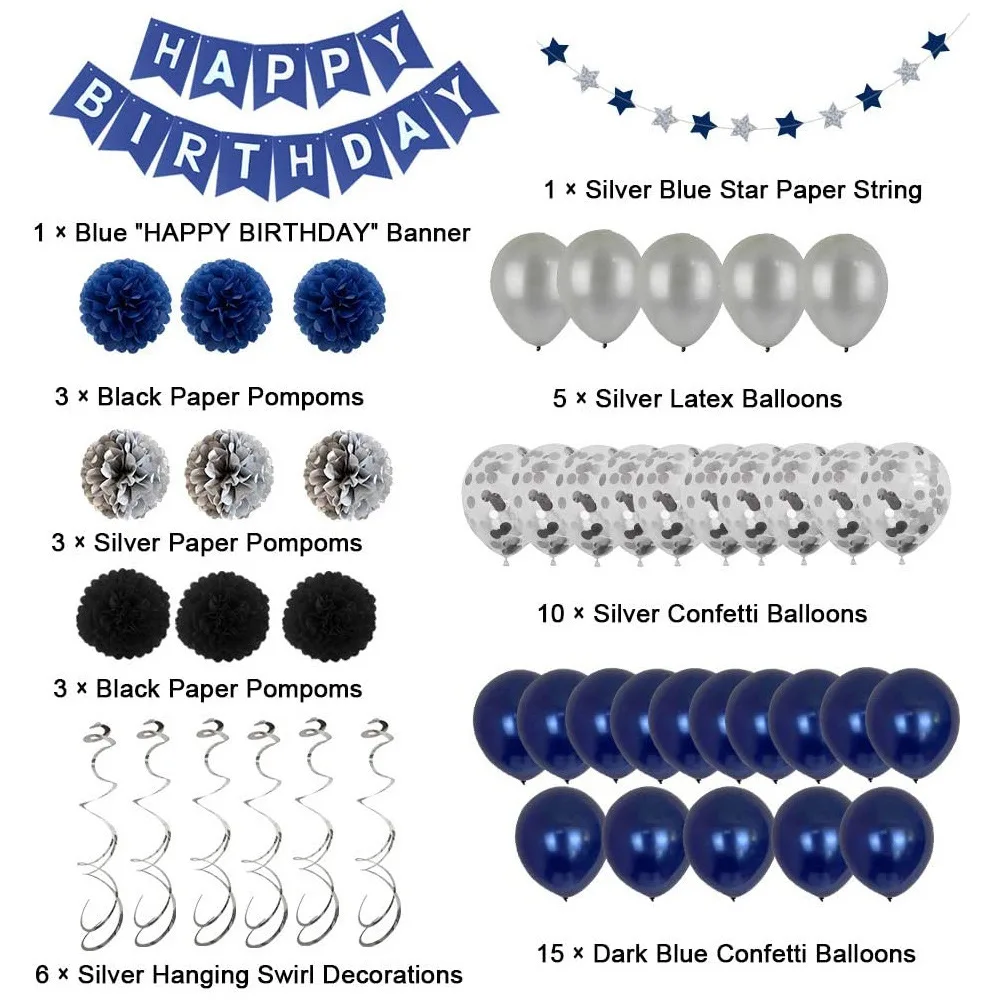 Kit Decorazioni Compleanno Blu Navy E Nero, Con Palloncini, Striscione E Tende Frangia, Per 21° 25° 30° 40° 50° 60° Anni