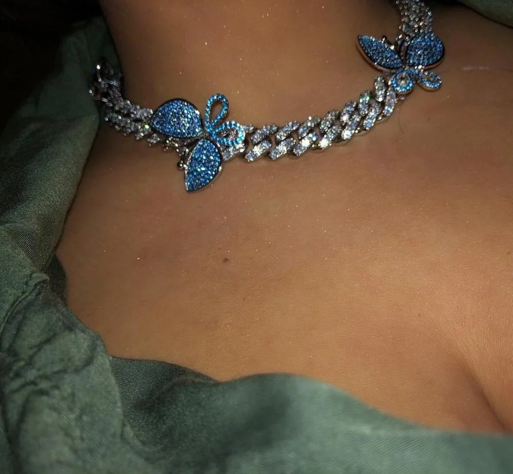 Cuban Link Chain Blue Butterfly Necklace Iced Out Bling - Main Image