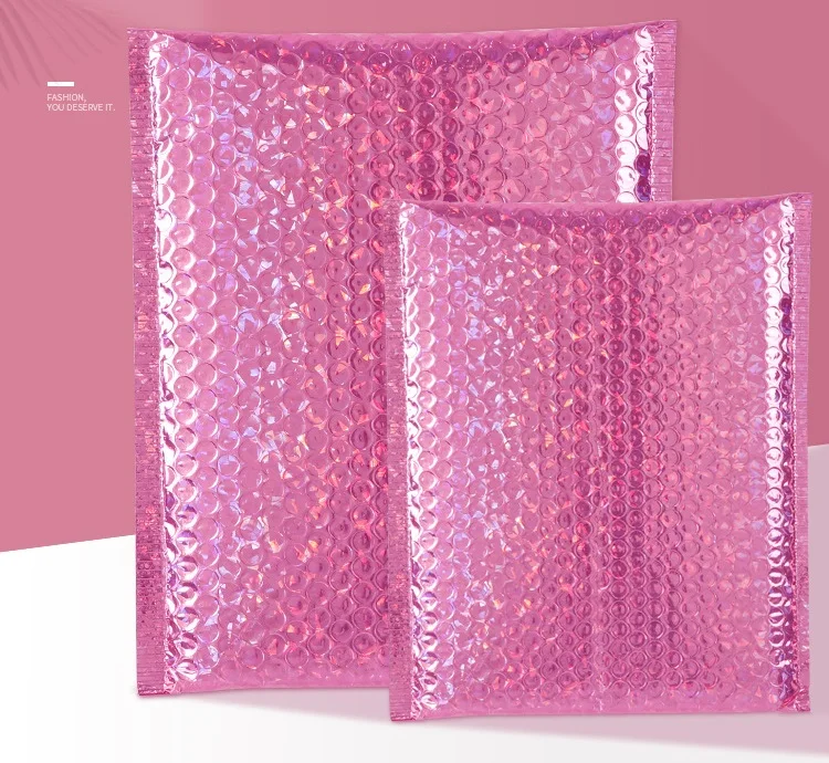 Shiny Laser Holographic Pink Bubble Envelope Mailers Poly Mailing Jewelry Packaging Bags Custom